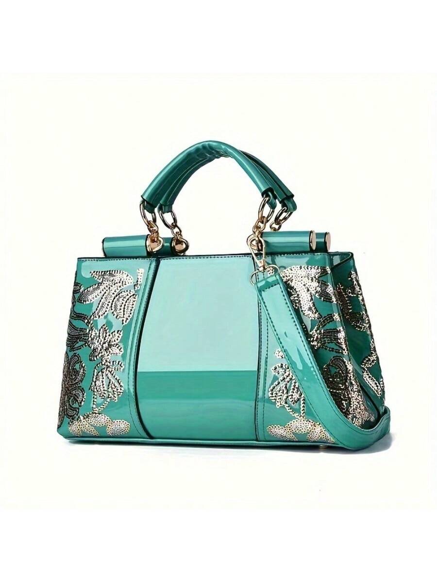 Chic Embroidered Patent Leather Tote Bag - Glamorous Sequin-Decorated Handbag for Effortless Style