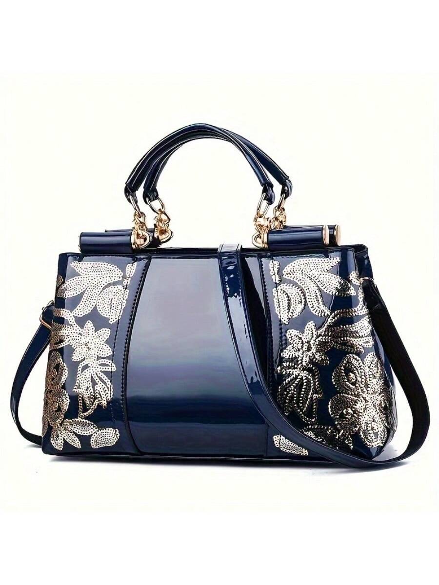 Chic Embroidered Patent Leather Tote Bag - Glamorous Sequin-Decorated Handbag for Effortless Style