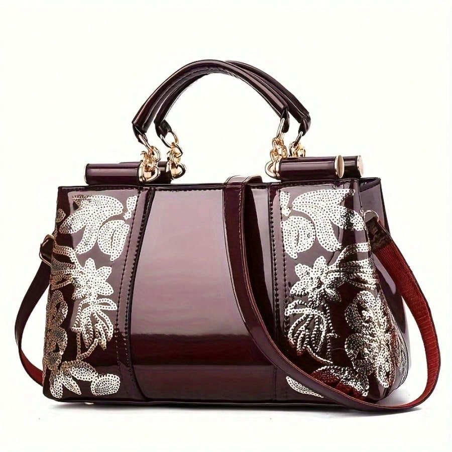 Chic Embroidered Patent Leather Tote Bag - Glamorous Sequin-Decorated Handbag for Effortless Style