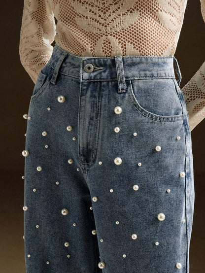 Chic & Stylish Women's High-Waist Pearl Embellished Wide Leg Jeans Black / S Black / M Black / L Black / S-Black / M-Black / L-Black / XL-Blue / S-Blue / M-Blue / L-Blue / XL-