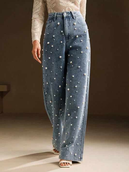 Chic & Stylish Women's High-Waist Pearl Embellished Wide Leg Jeans Black / S Black / M Black / L Black / S-Black / M-Black / L-Black / XL-Blue / S-Blue / M-Blue / L-Blue / XL-