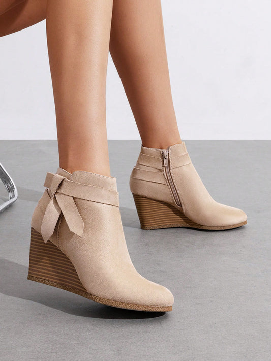 Chic Comfort: Women’s Almond Toe Wood Pattern Heel Wedge Ankle Boots