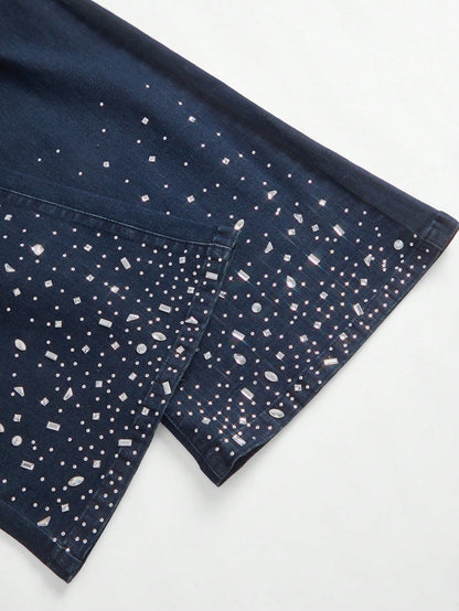 New Year Glam: High Waist Rhinestone Flare Leg Jeans for Effortless Style S M L S-M-L-XL-