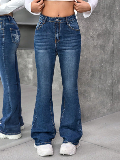 Starry Style: Crystal-Embellished Denim Flare Jeans for Trendy Teenage Girls