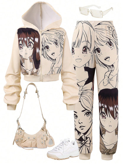 Adorable Cartoon Print Hoodie & Pants Set for Trendy Teen Girls