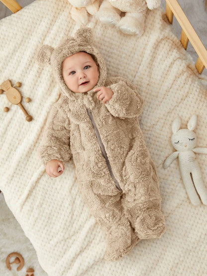 Cuddly Cartoon Print Fleece Hooded Romper for Newborns - Perfect for Autumn & Winter Adventures!