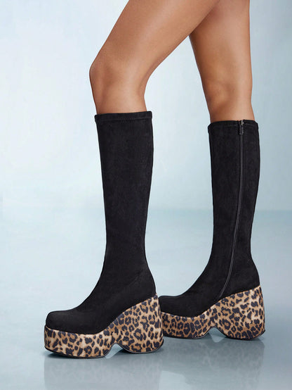 Leopard Print Chunky Heel Boots Comfortable Round Toe Design with Side Zipper EUR36 EUR37 EUR38 EUR36-EUR37-EUR38-EUR39-EUR40-EUR41-