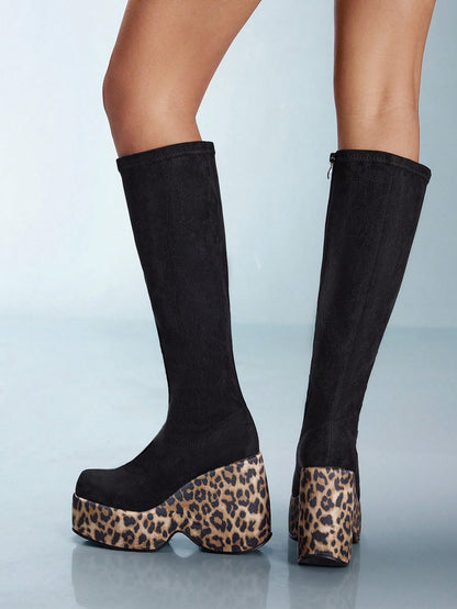 Leopard Print Chunky Heel Boots Comfortable Round Toe Design with Side Zipper EUR36 EUR37 EUR38 EUR36-EUR37-EUR38-EUR39-EUR40-EUR41-