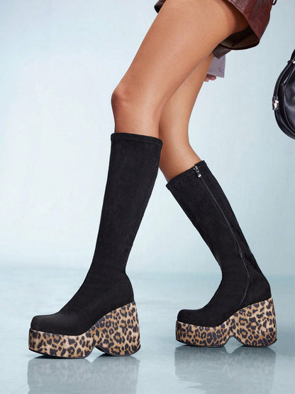 Leopard Print Chunky Heel Boots Comfortable Round Toe Design with Side Zipper EUR36 EUR37 EUR38 EUR36-EUR37-EUR38-EUR39-EUR40-EUR41-