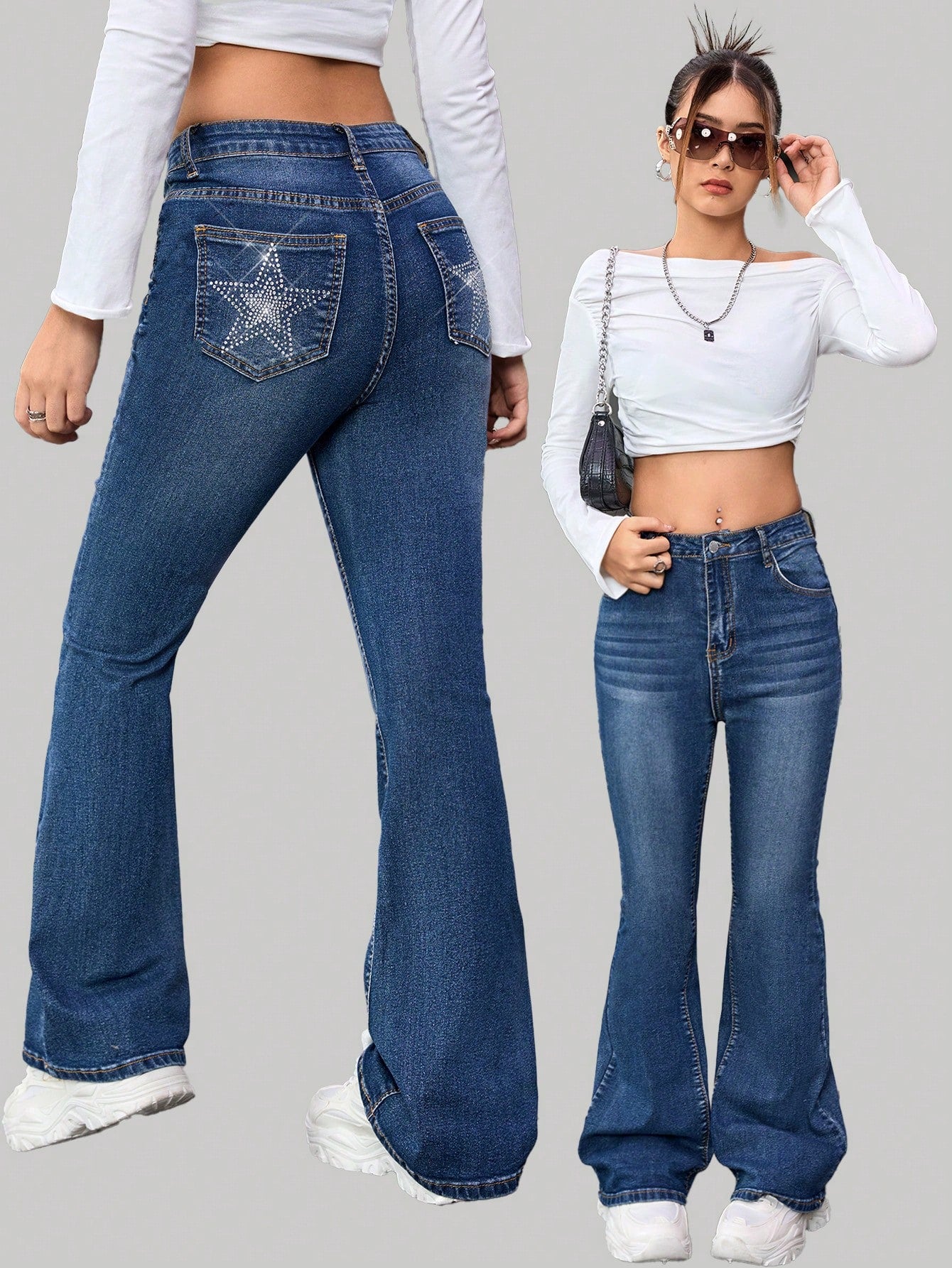 Starry Style: Crystal-Embellished Denim Flare Jeans for Trendy Teenage Girls