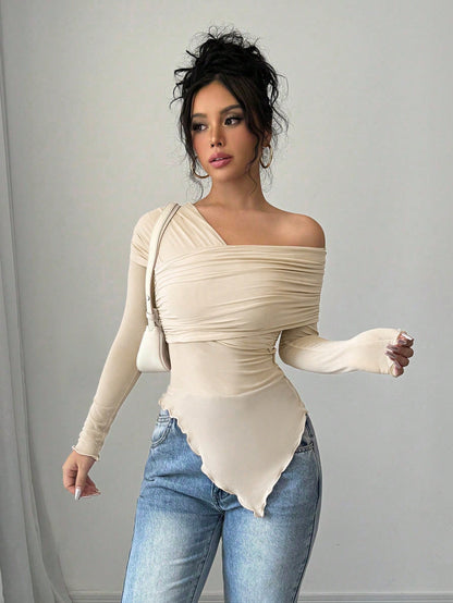 Chic Elenzga Solid Color Oblique Shoulder Long Sleeve Slim Fit Casual T-Shirt for Effortless Style Apricot