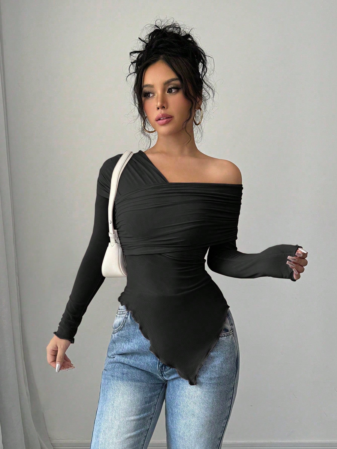 Chic Elenzga Solid Color Oblique Shoulder Long Sleeve Slim Fit Casual T-Shirt for Effortless Style Black