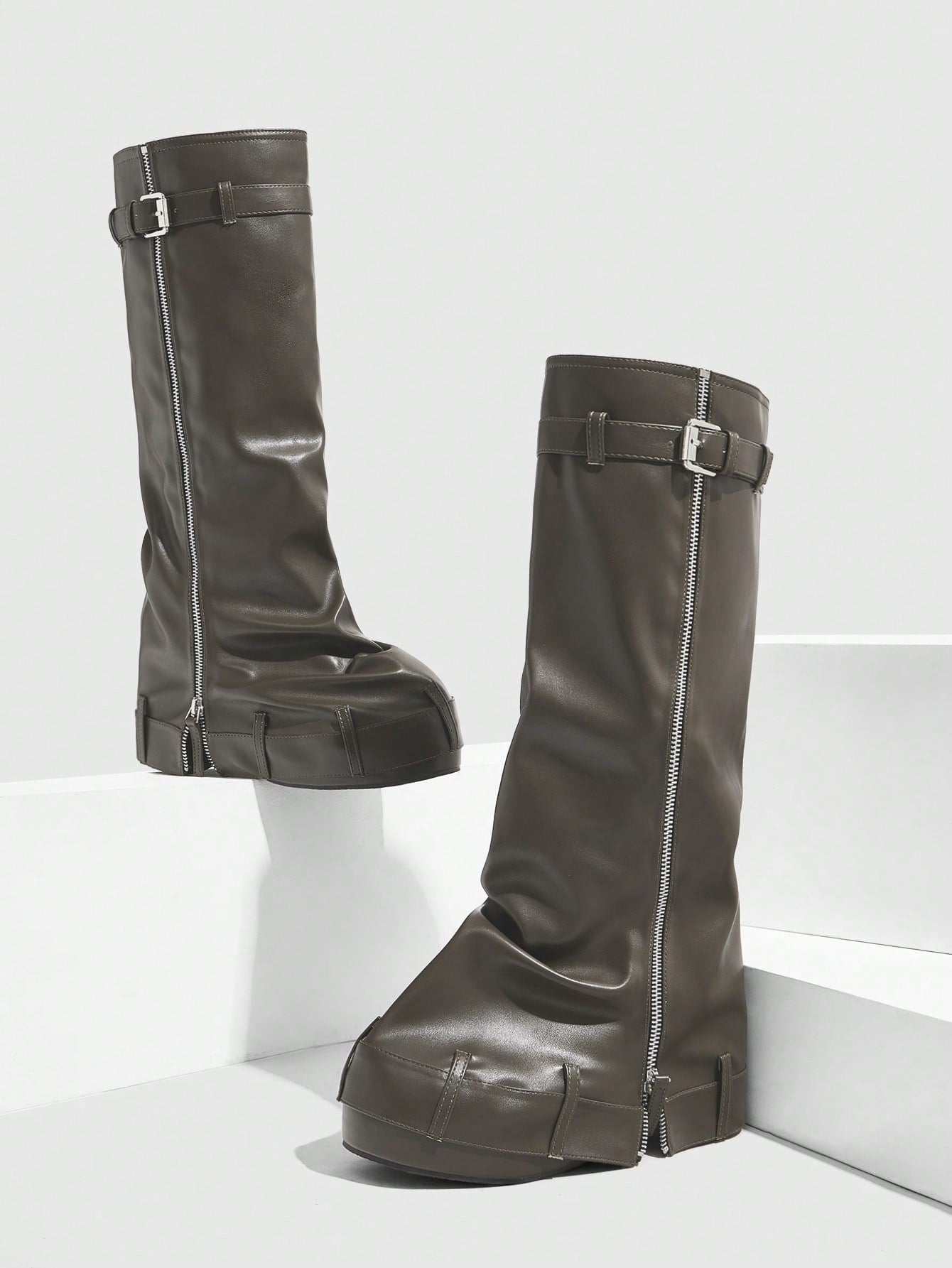 Elevate Your Style Thick-Soled Wedge Heel Western Riding Boots Khaki