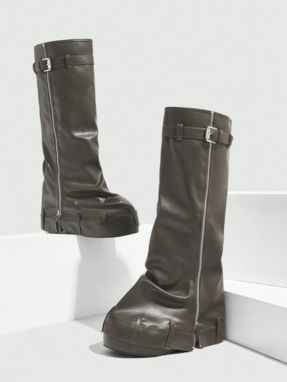 Elevate Your Style Thick-Soled Wedge Heel Western Riding Boots Khaki