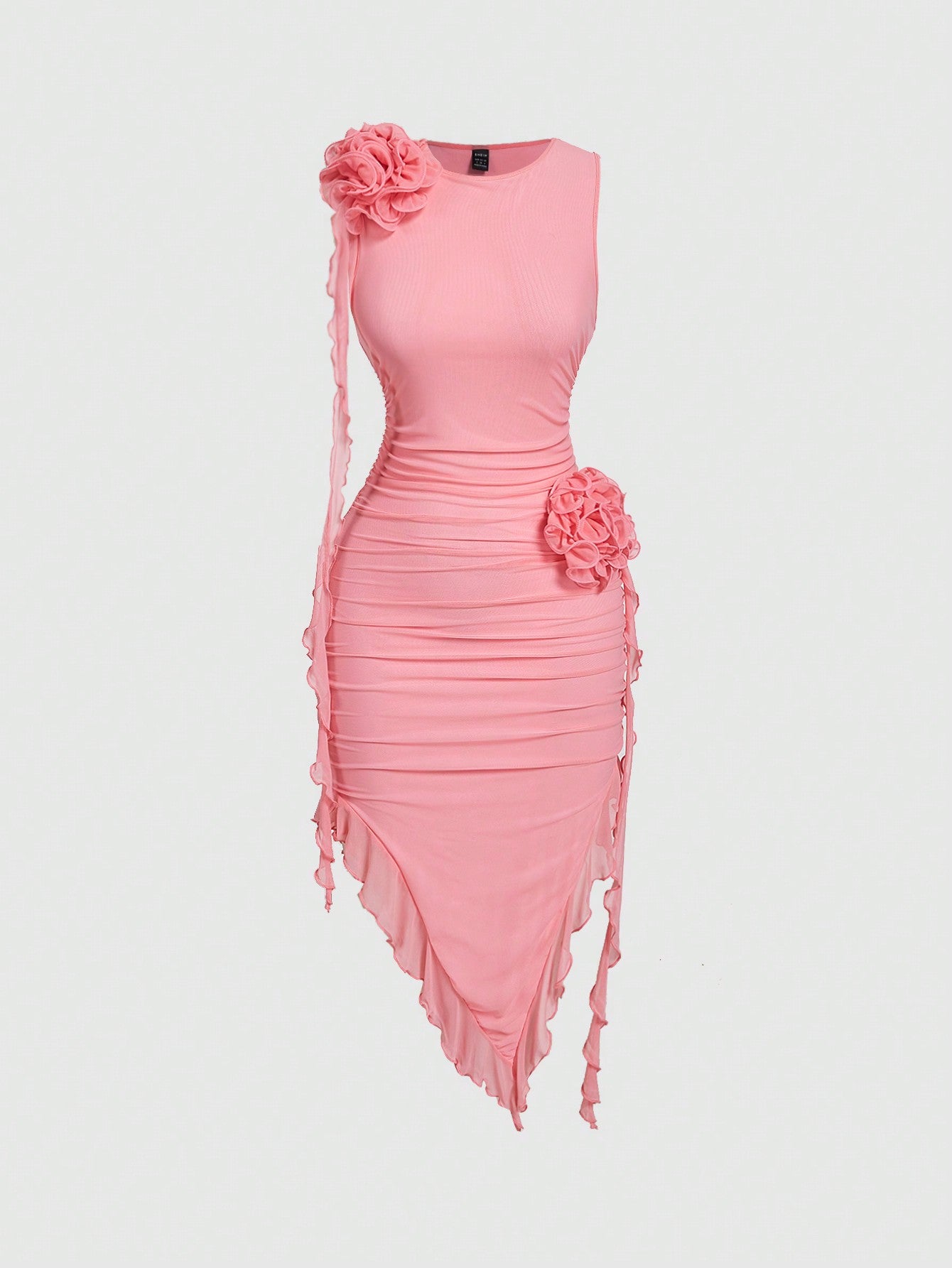 Chic Pastel 3D Flower Bodycon Dress with Asymmetrical Hem for Effortless Elegance Coral Pink