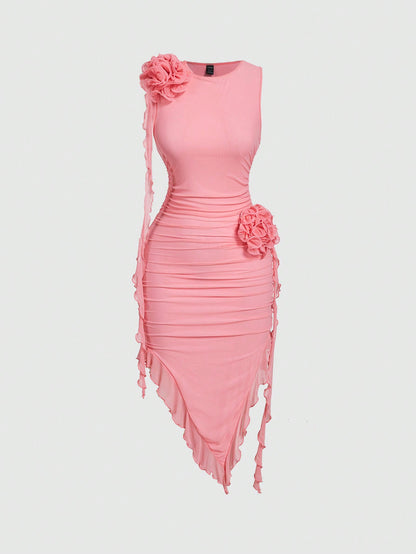 Chic Pastel 3D Flower Bodycon Dress with Asymmetrical Hem for Effortless Elegance Coral Pink