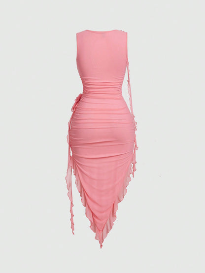 Chic Pastel 3D Flower Bodycon Dress with Asymmetrical Hem for Effortless Elegance