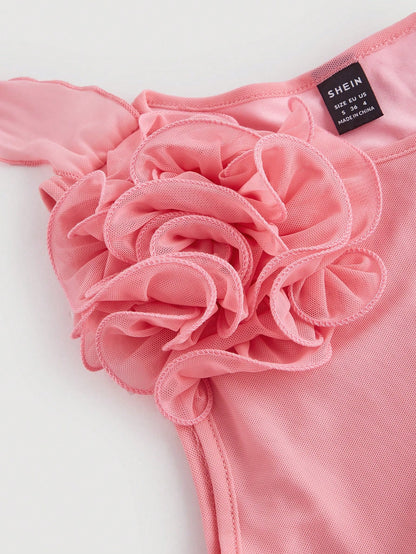 Chic Pastel 3D Flower Bodycon Dress with Asymmetrical Hem for Effortless Elegance