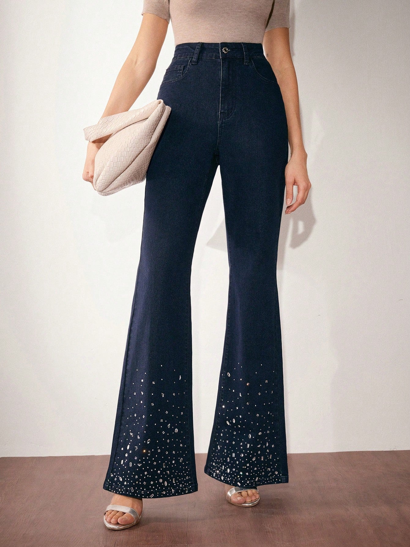 New Year Glam: High Waist Rhinestone Flare Leg Jeans for Effortless Style S M L S-M-L-XL-