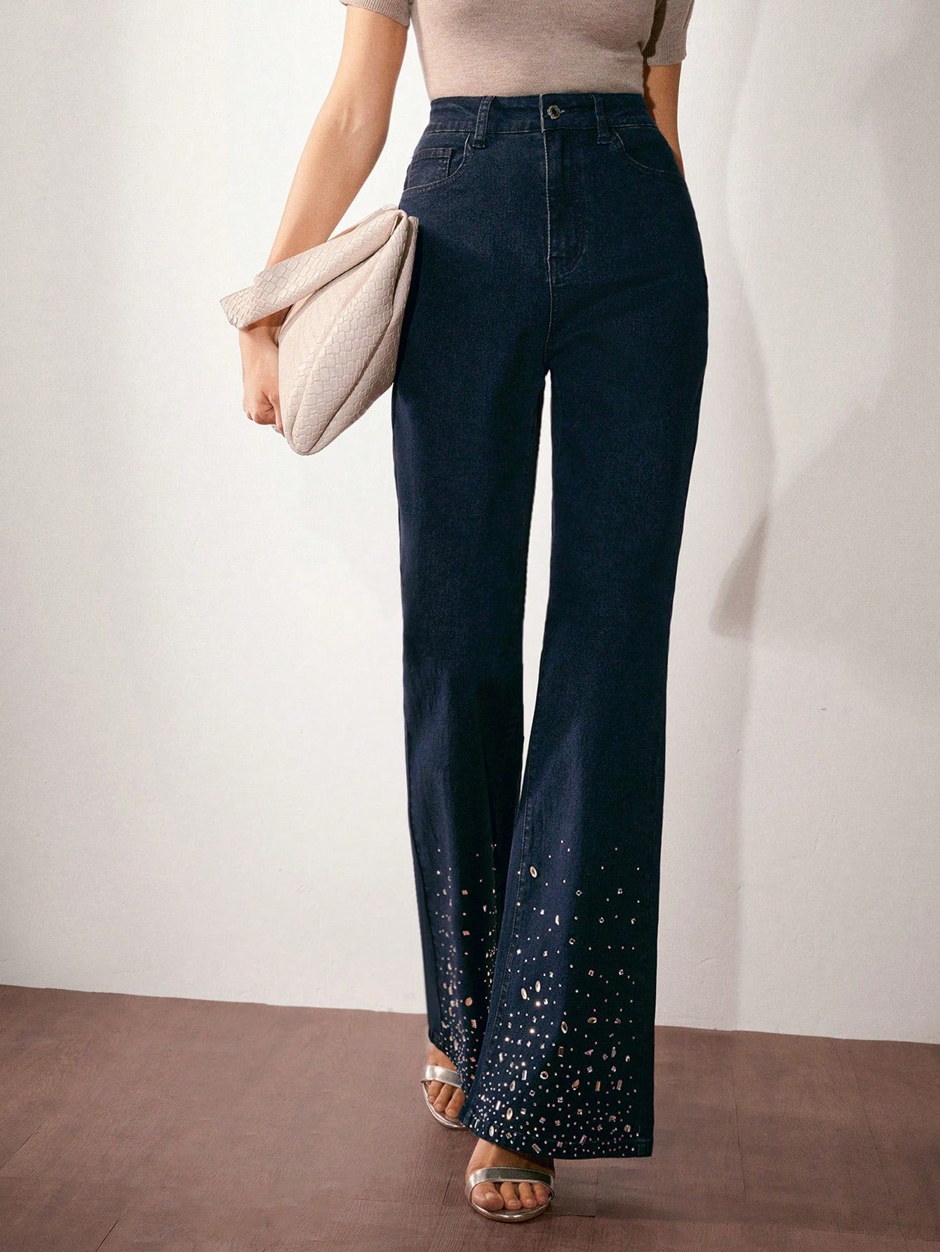 New Year Glam: High Waist Rhinestone Flare Leg Jeans for Effortless Style S M L S-M-L-XL-