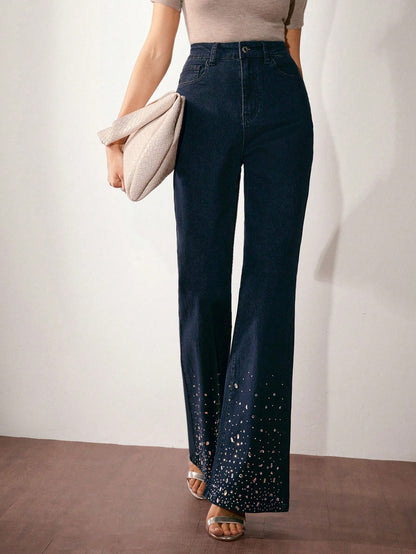 New Year Glam: High Waist Rhinestone Flare Leg Jeans for Effortless Style S M L S-M-L-XL-