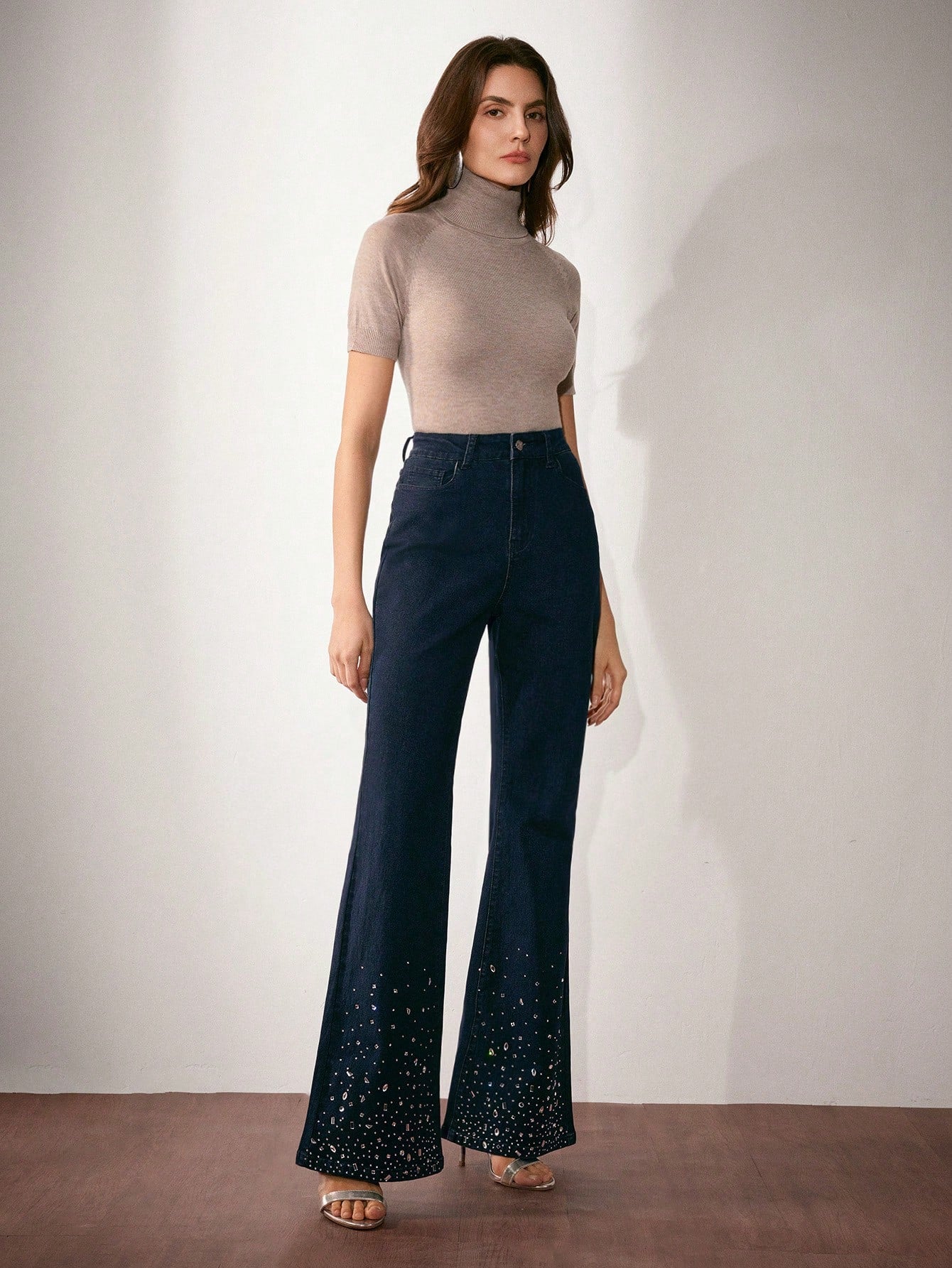 New Year Glam: High Waist Rhinestone Flare Leg Jeans for Effortless Style S M L S-M-L-XL-