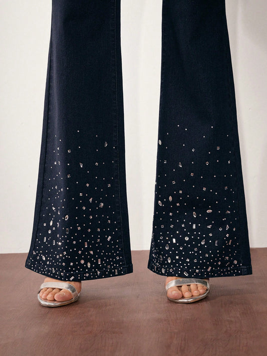 New Year Glam: High Waist Rhinestone Flare Leg Jeans for Effortless Style S M L S-M-L-XL-