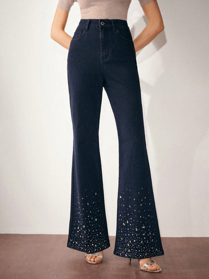 New Year Glam: High Waist Rhinestone Flare Leg Jeans for Effortless Style S M L S-M-L-XL-