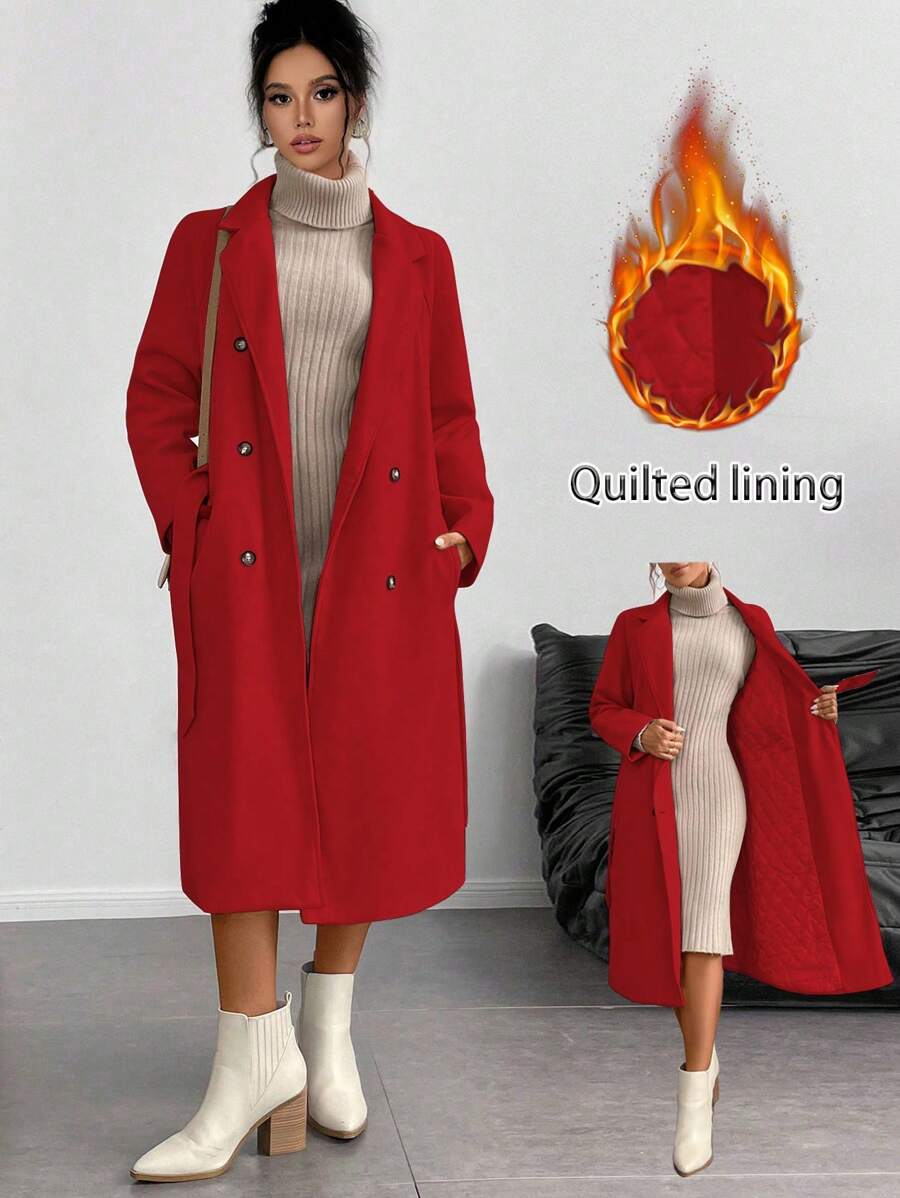 Chiquease Padded Double-Breasted Trench Coat with Large Lapel and Tie Waist – St
