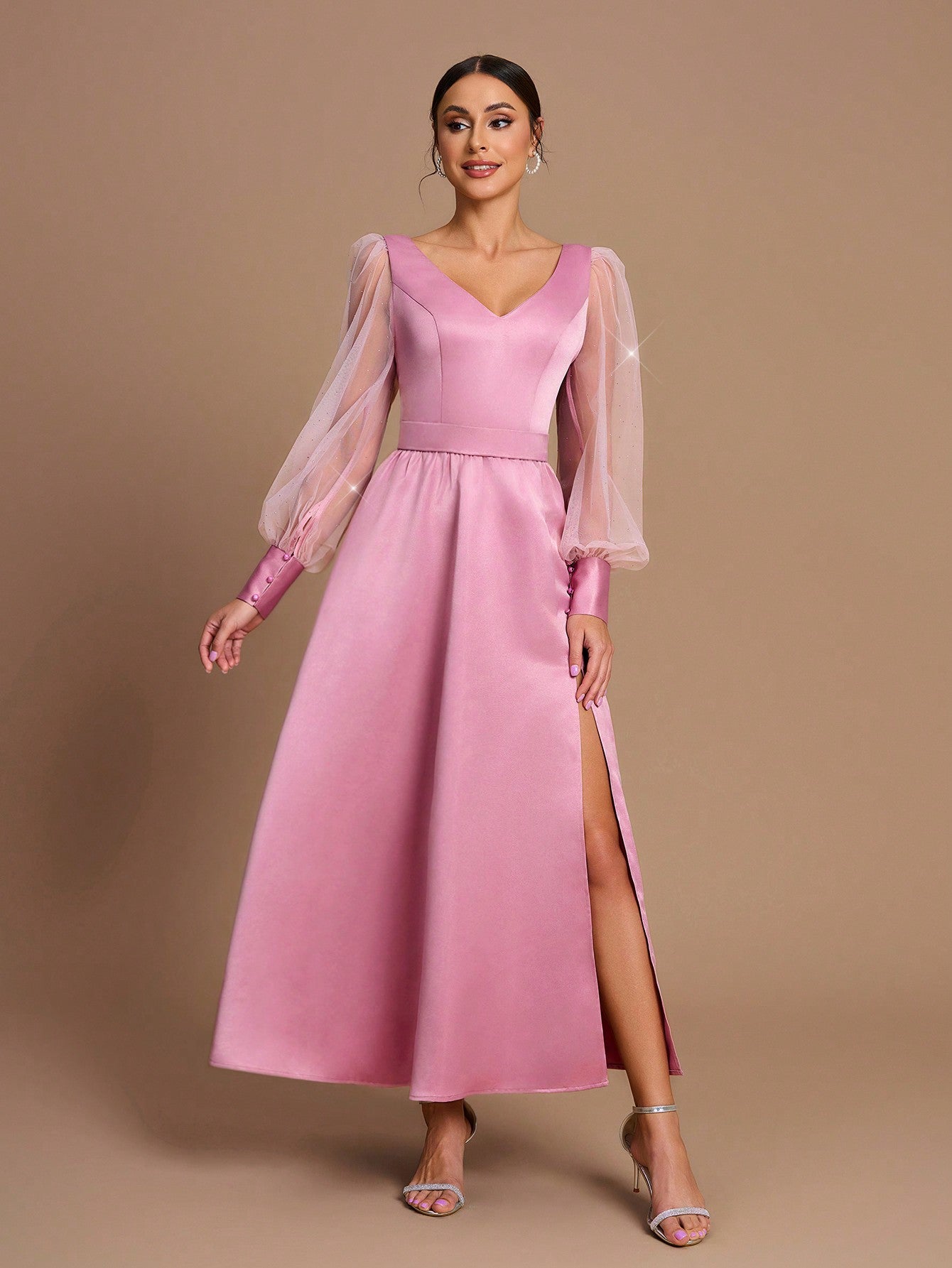 Elegant Romance: SHEIN Belle Pink Satin and Organza Sheer Long Sleeve Dress for Weddings and Formal Events