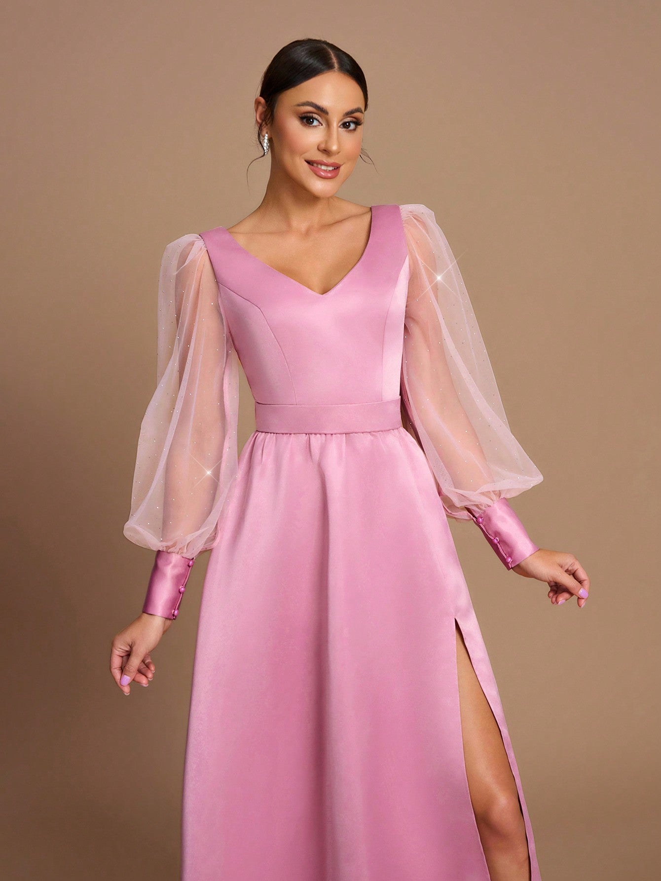 Elegant Romance: SHEIN Belle Pink Satin and Organza Sheer Long Sleeve Dress for Weddings and Formal Events