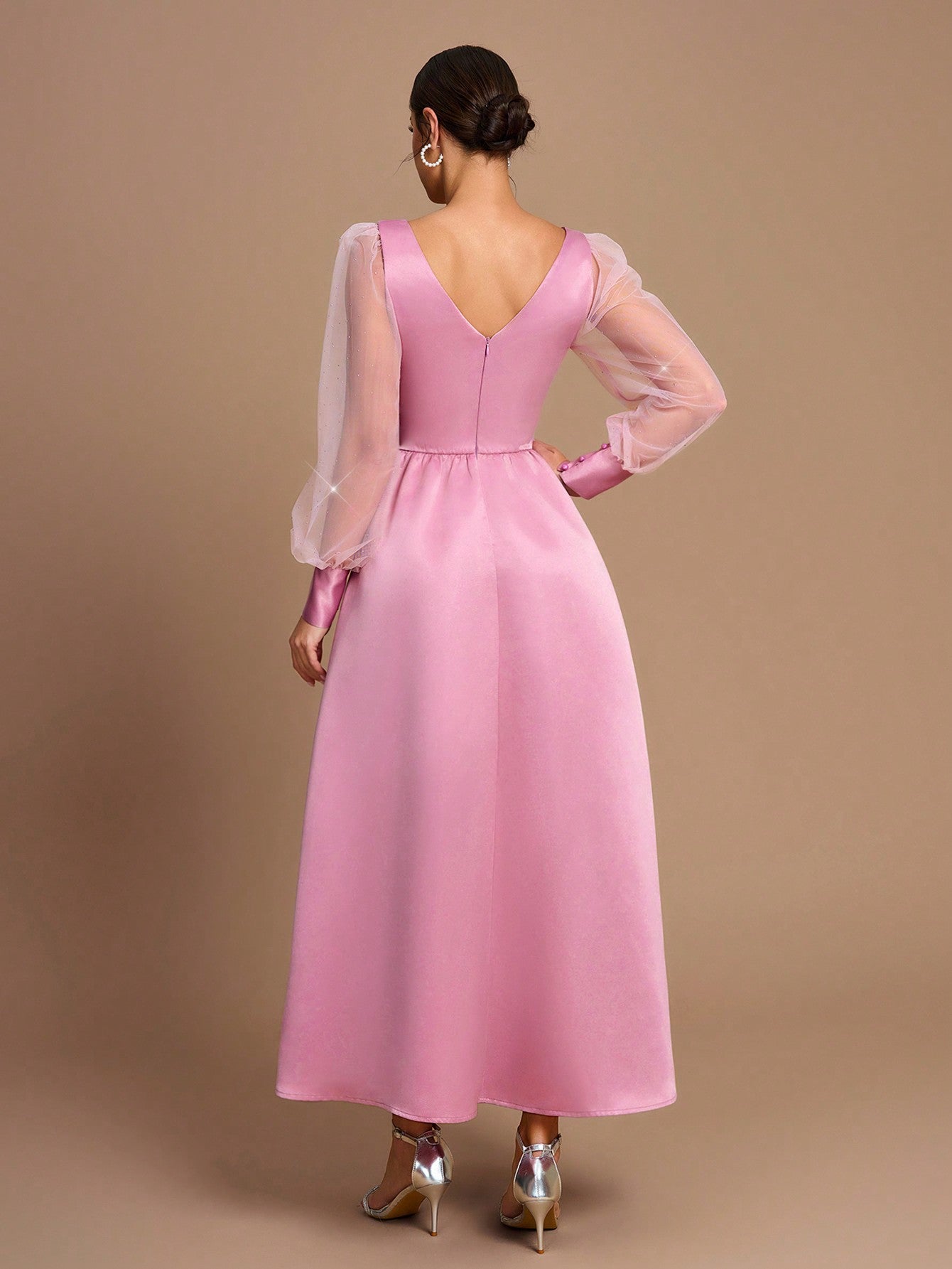 Elegant Romance: SHEIN Belle Pink Satin and Organza Sheer Long Sleeve Dress for Weddings and Formal Events