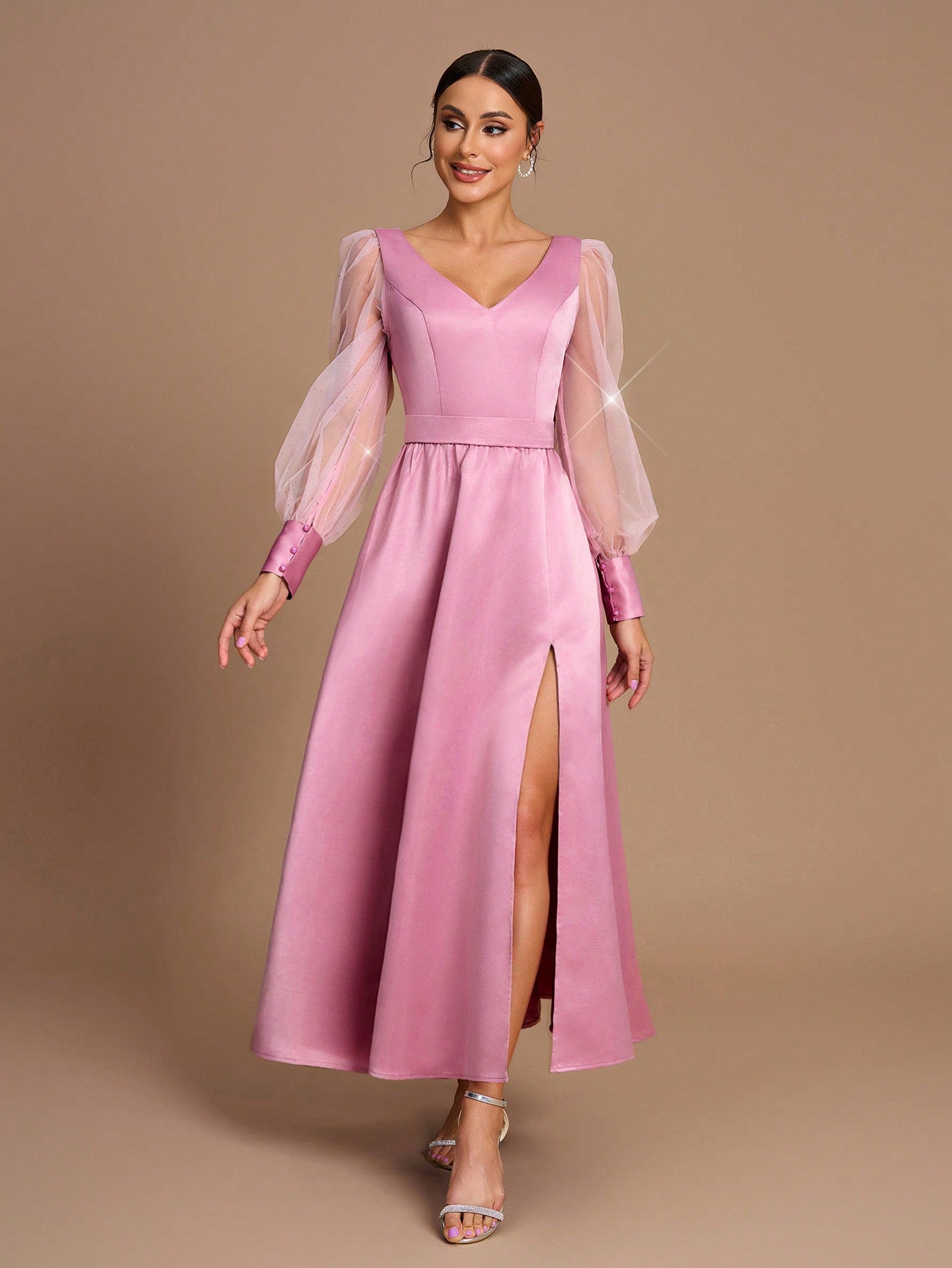 Elegant Romance: SHEIN Belle Pink Satin and Organza Sheer Long Sleeve Dress for Weddings and Formal Events