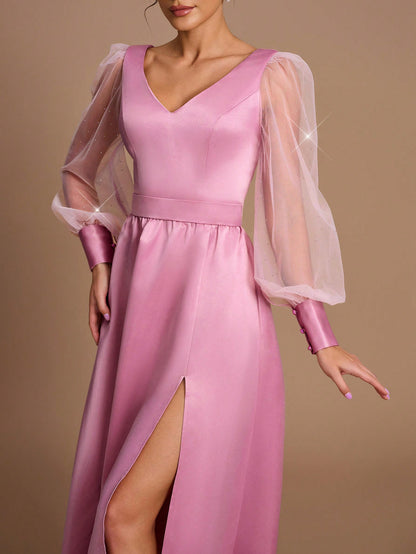 Elegant Romance: SHEIN Belle Pink Satin and Organza Sheer Long Sleeve Dress for Weddings and Formal Events