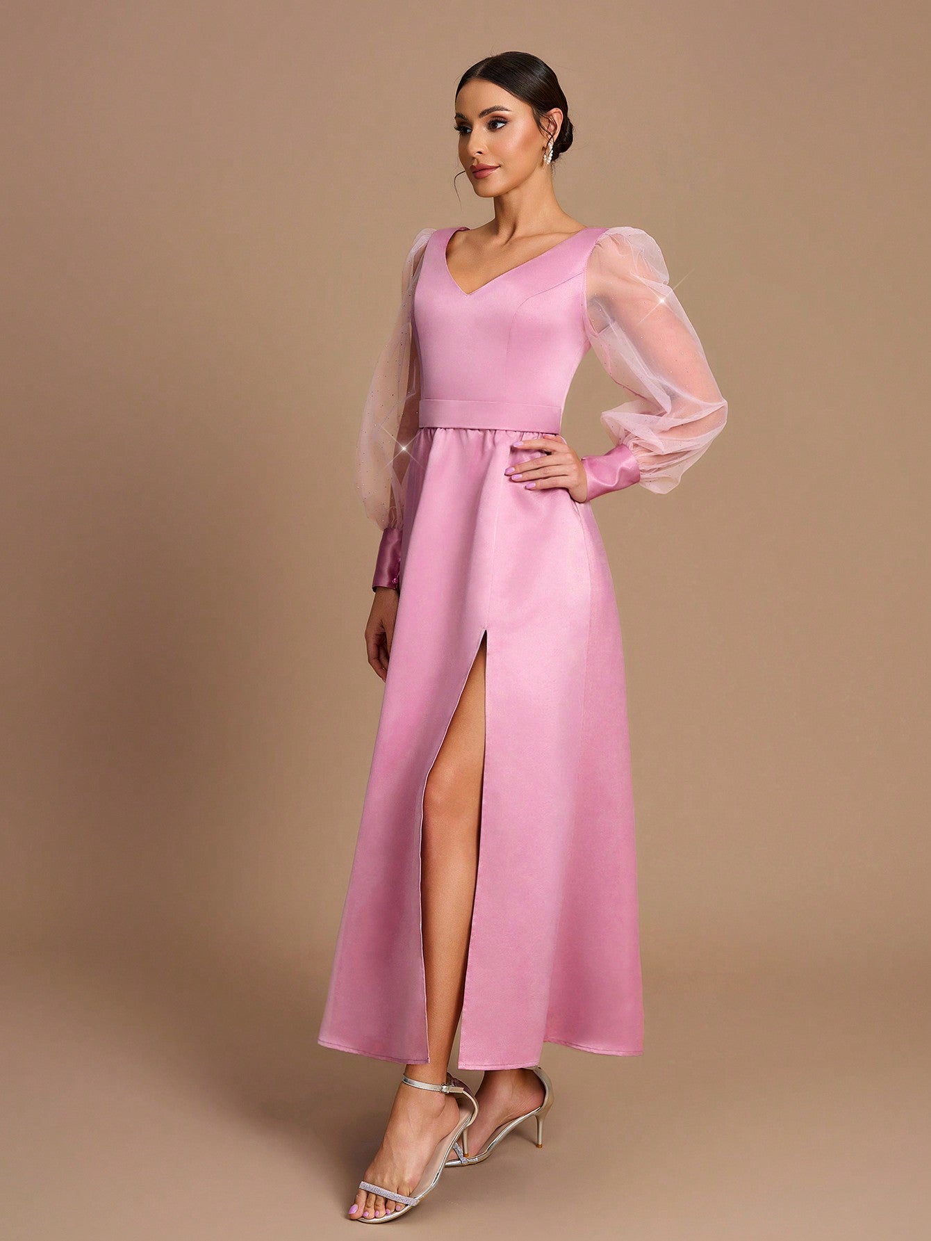 Elegant Romance: SHEIN Belle Pink Satin and Organza Sheer Long Sleeve Dress for Weddings and Formal Events