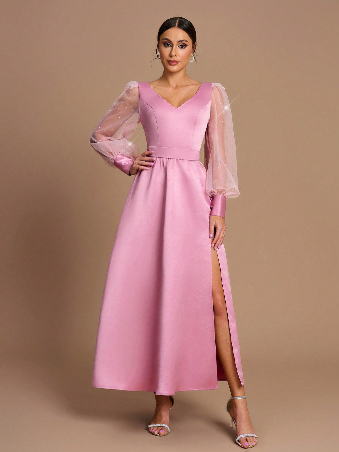 Elegant Romance: SHEIN Belle Pink Satin and Organza Sheer Long Sleeve Dress for Weddings and Formal Events