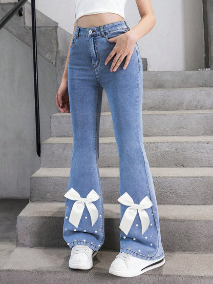 Chic Y2K Flare Jeans for Teens with Bow Detail & Pearl Accents - Light Blue Denim Delight!