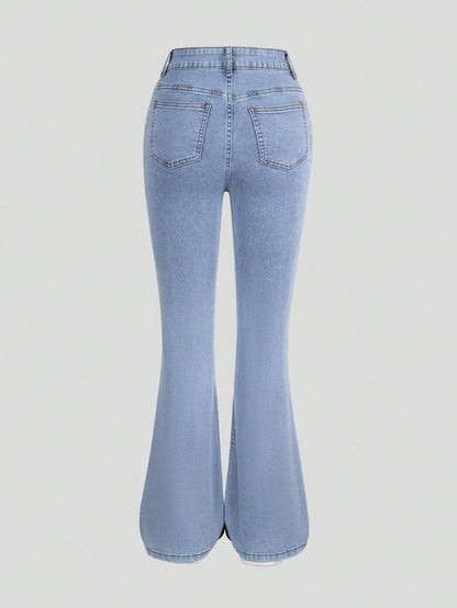 Chic Y2K Flare Jeans for Teens with Bow Detail & Pearl Accents - Light Blue Denim Delight!