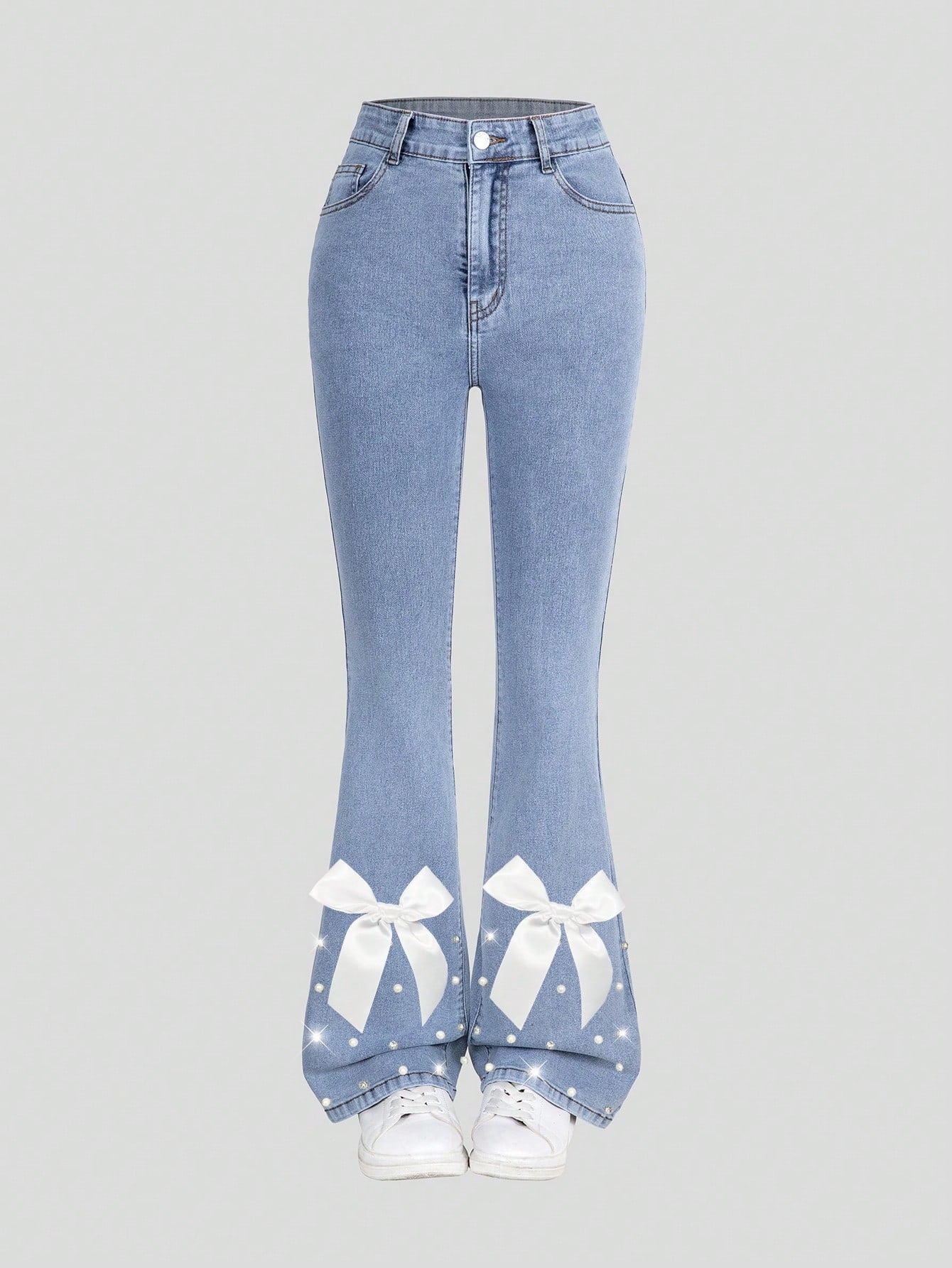 Chic Y2K Flare Jeans for Teens with Bow Detail & Pearl Accents - Light Blue Denim Delight!