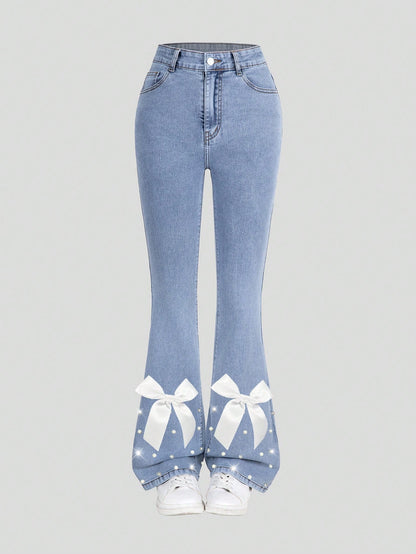 Chic Y2K Flare Jeans for Teens with Bow Detail & Pearl Accents - Light Blue Denim Delight!