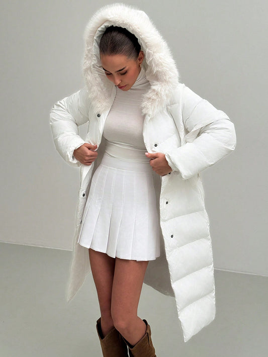 Cozy Elegance: Women's Long Hooded Padded Coat with Furry Trim - Wind Resistant