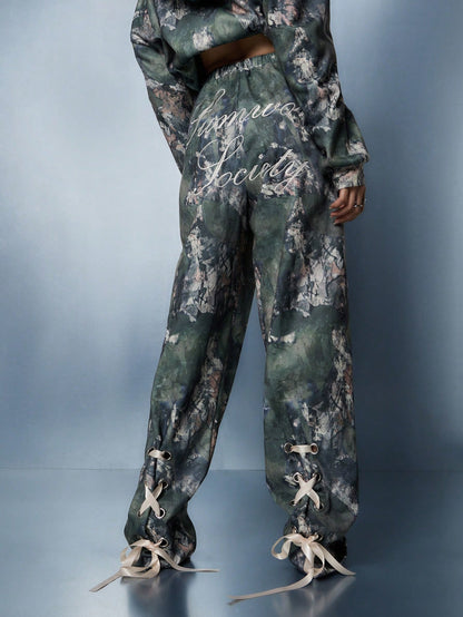Trendy Women's Camouflage Wide Leg Joggers with Graphic Print and Ribbon Detail XS S M XS-S-M-L-