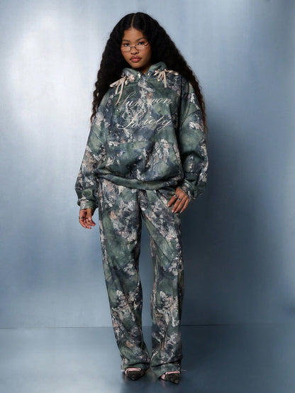 Trendy Women's Camouflage Wide Leg Joggers with Graphic Print and Ribbon Detail XS S M XS-S-M-L-
