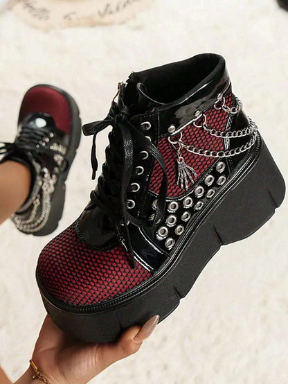 Elevate Your Style: Women's Punk Goth Platform Ankle Boots with Chain Details Black / US6 Black / US6.5 Black / US7 Black / US6-Black / US6.5-Black / US7-Black / US8-Black / US8.5-Black / US9-Black / US9.5-Red / US6-Red / US6.5-Red / US7-Red / US8-Red / US8.5-Red / US9-Red / US9.5-