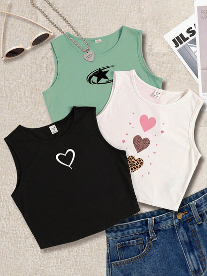 Chic Summer Vibes: 3-Piece Heart & Leopard Pattern Tank Set for Teen Girls