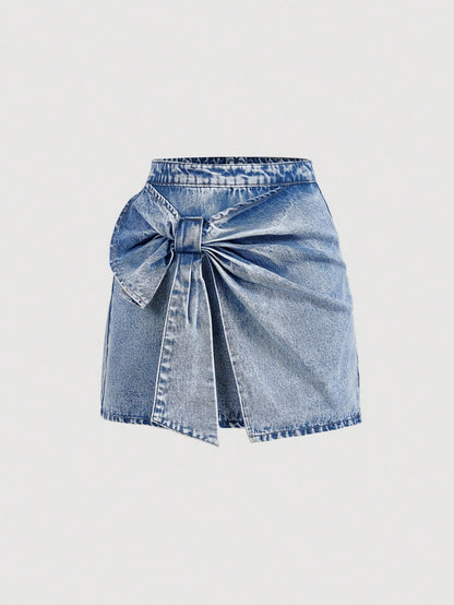 Chic High-Waisted Denim Mini Skirt with Bowknot Detail for a Stylish Look Light Wash-2