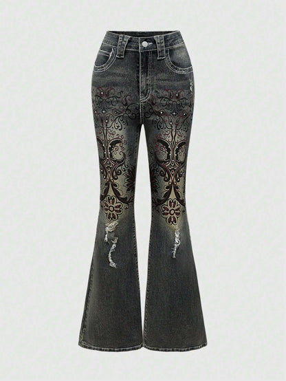 Retro Floral Vine High-Stretch Flare Jeans for Women - Grunge Punk Vintage Style XL XS S XL-XS-S-L-M-