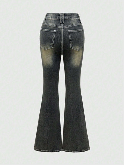 Retro Floral Vine High-Stretch Flare Jeans for Women - Grunge Punk Vintage Style XL XS S XL-XS-S-L-M-