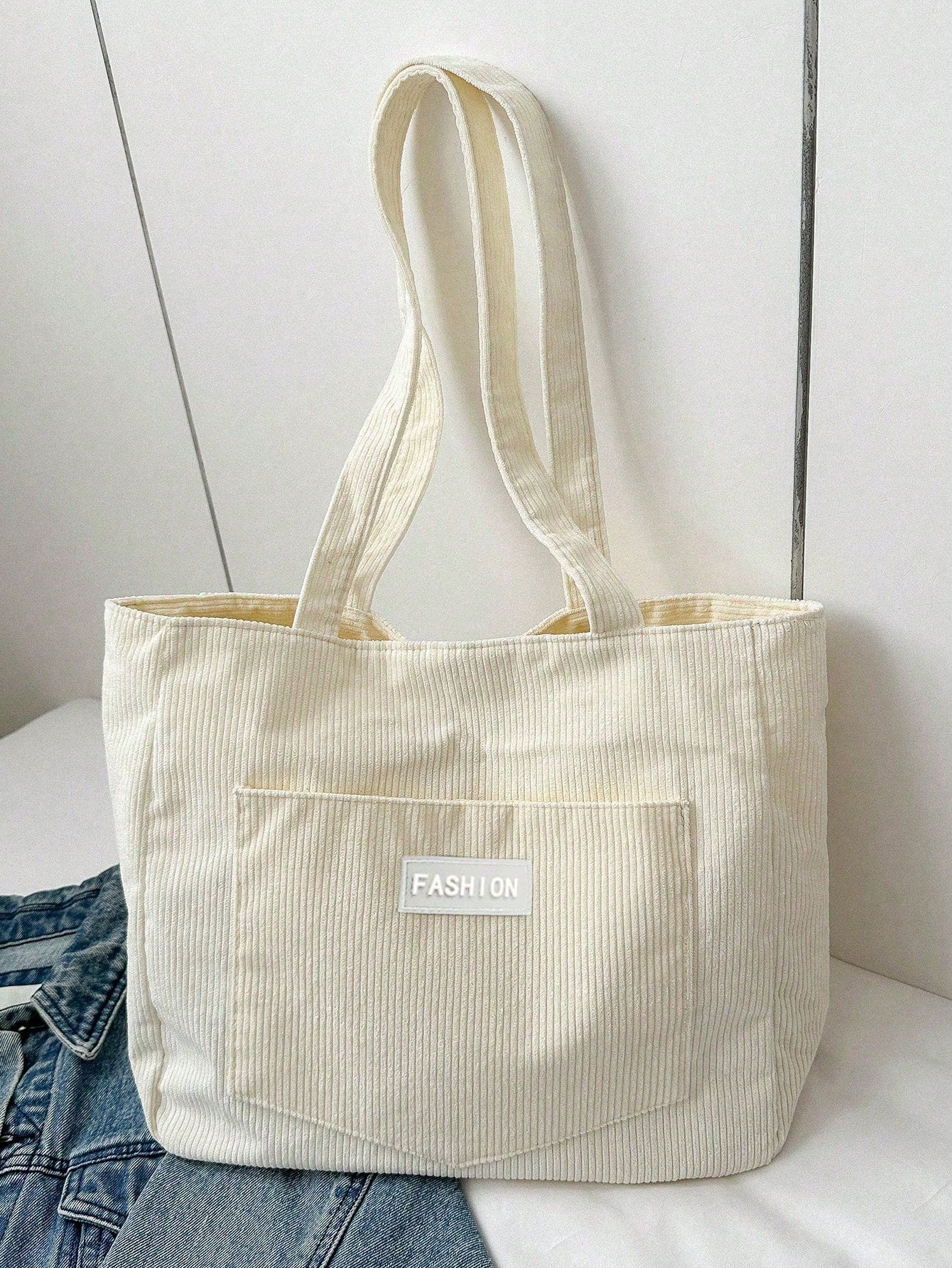 Spacious Corduroy Tote Bag – Perfect for Fall & Winter Adventures! Black / one-size Beige / one-size 