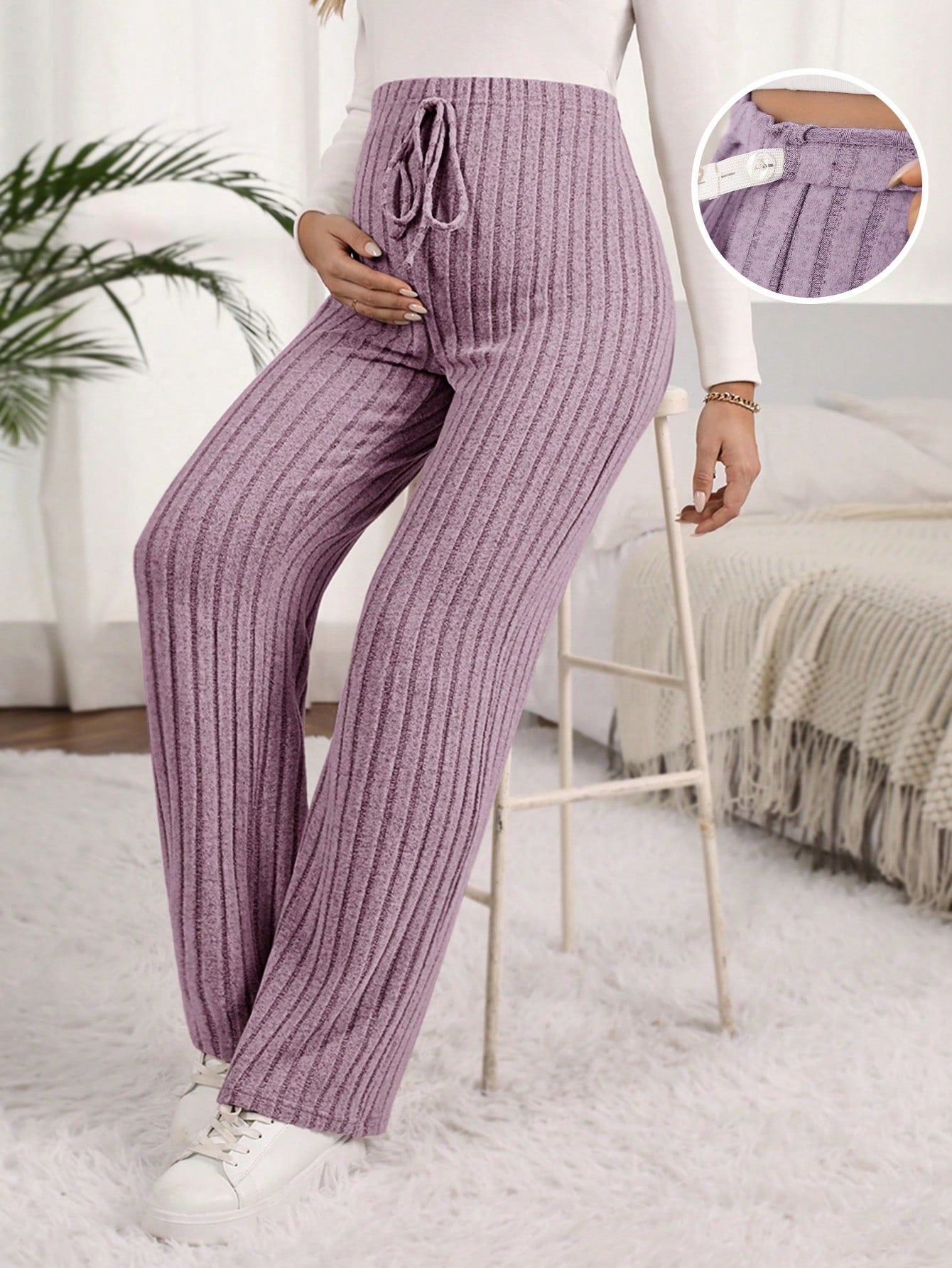 Maternity Solid Color Ribbed Pants with Adjustable Waistband